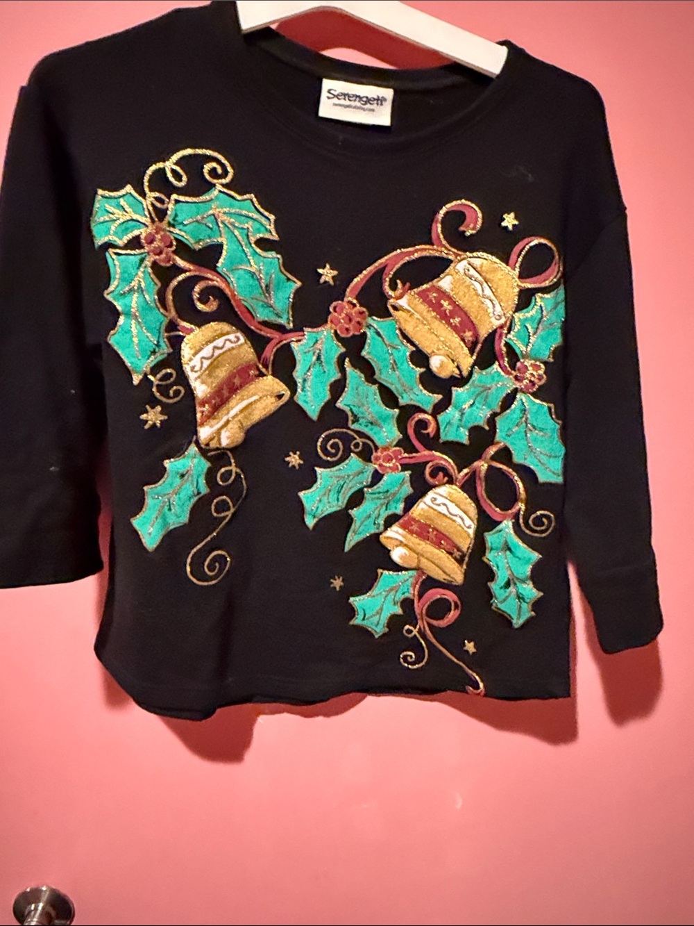 Serengeti Black Holiday Sweater with Gold Bells and Green Holly